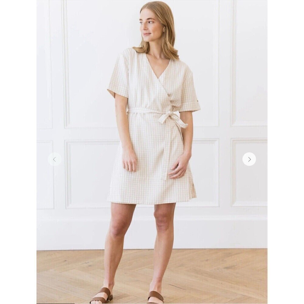 Cozy earth plaid bohemian Coastal women reverse midi Wrap Dress women linen S